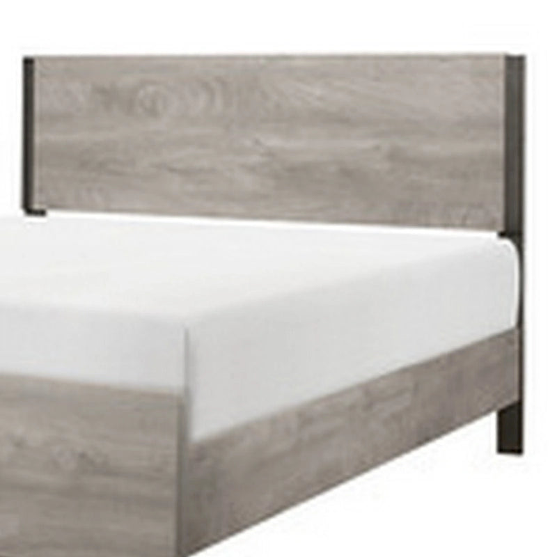 Grand lit double, accents de finition en métal peint, cadre en bois gris clair