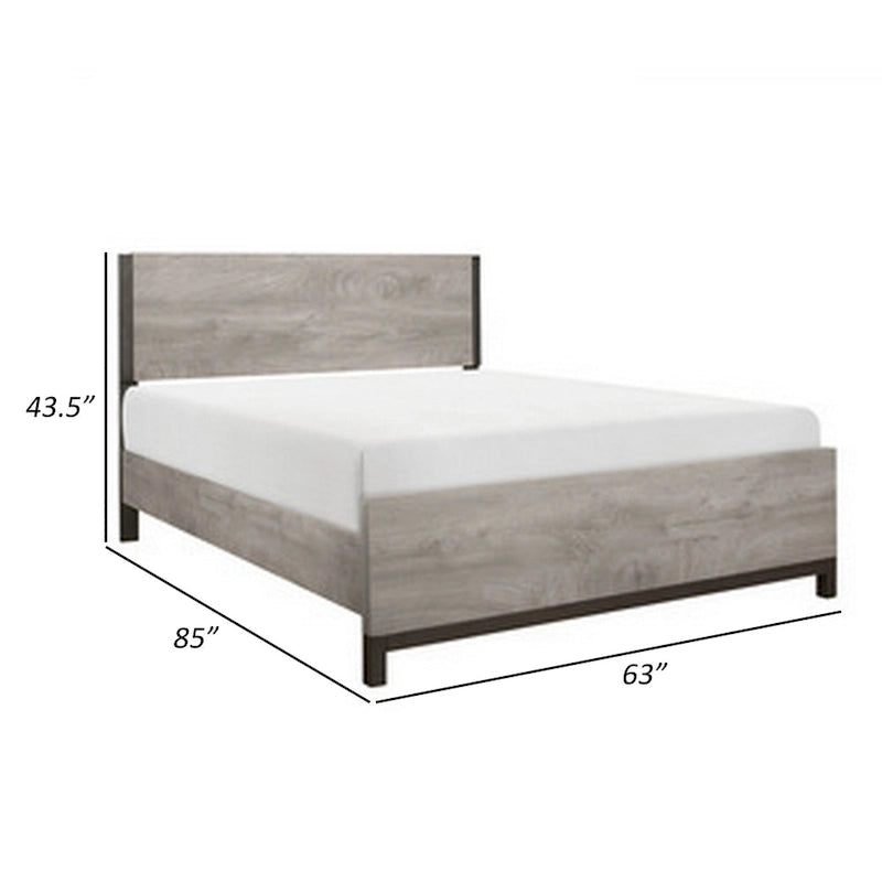 Grand lit double, accents de finition en métal peint, cadre en bois gris clair