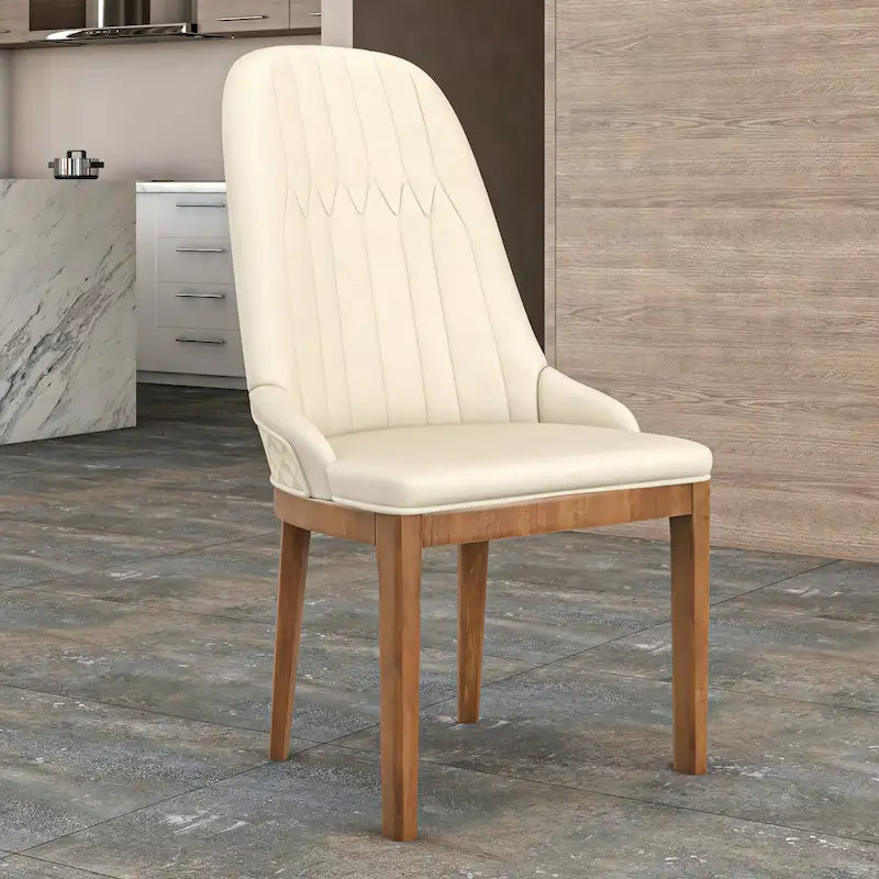 Chaise de salle à manger en cuir avec pieds en bois d'hévéa, dossier élégant avec surpiqûres en losange