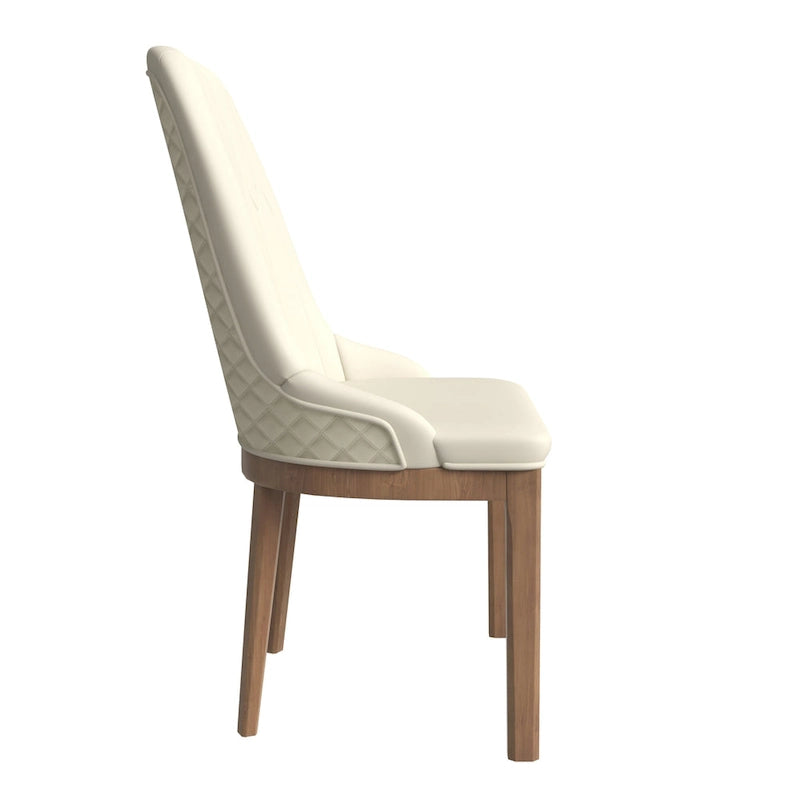 Chaise de salle à manger en cuir avec pieds en bois d'hévéa, dossier élégant avec surpiqûres en losange
